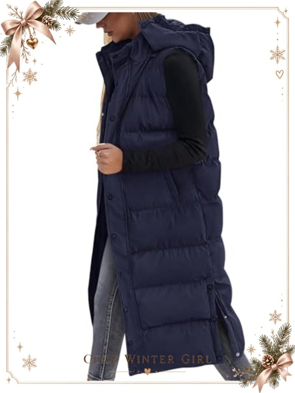 Quilted Hooded Long Puffer Vest With Button And Zipper Sleeveless